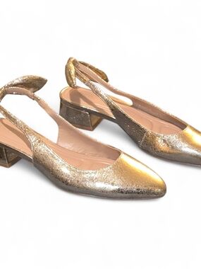 NEW BCBGeneration Metallic Gold Torna Pointed Slingback Low Block Heel Pumps 7